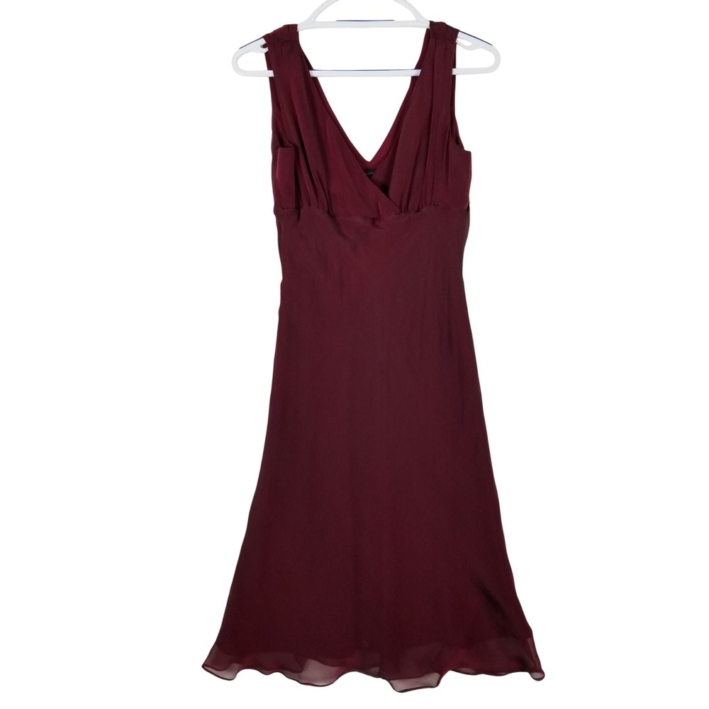 BCBGMAXAZRIA Silk Midi Dress Womens 8 Burgundy V-Neck Chiffon Overlay 284S